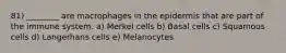 81) ________ are macrophages in the epidermis that are part of the immune system. a) Merkel cells b) Basal cells c) Squamous cells d) Langerhans cells e) Melanocytes