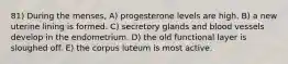 81) During the menses, A) progesterone levels are high. B) a new uterine lining is formed. C) secretory glands and blood vessels develop in the endometrium. D) the old functional layer is sloughed off. E) the corpus luteum is most active.