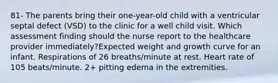 81- The parents bring their one-year-old child with a ventricular septal defect (VSD) to the clinic for a well child visit. Which assessment finding should the nurse report to the healthcare provider immediately?Expected weight and growth curve for an infant. Respirations of 26 breaths/minute at rest. Heart rate of 105 beats/minute. 2+ pitting edema in the extremities.