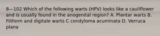 8—102 Which of the following warts (HPV) looks like a cauliflower and is usually found in the anogenital region? A. Plantar warts B. Filiform and digitale warts C condyloma acuminata D. Verruca plana