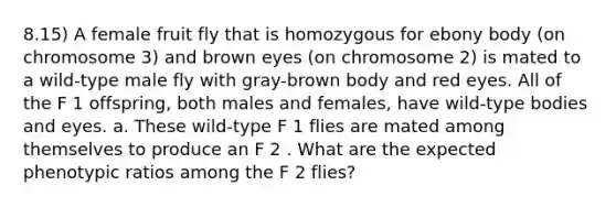 8.15) A female fruit fly that is homozygous for ebony body (on chromosome 3) and brown eyes (on chromosome 2) is mated to a wild-type male fly with gray-brown body and red eyes. All of the F 1 offspring, both males and females, have wild-type bodies and eyes. a. These wild-type F 1 flies are mated among themselves to produce an F 2 . What are the expected phenotypic ratios among the F 2 flies?