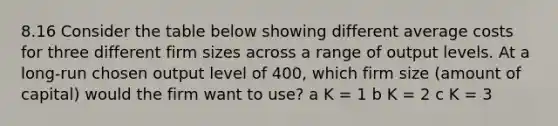 8.16 Consider the table below showing different average costs for three different firm sizes across a range of output levels. At a long-run chosen output level of 400, which firm size (amount of capital) would the firm want to use? a K = 1 b K = 2 c K = 3