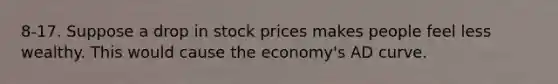 8-17. Suppose a drop in stock prices makes people feel less wealthy. This would cause the economy's AD curve.