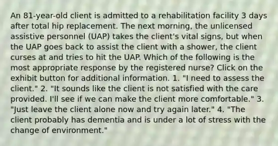 An 81-year-old client is admitted to a rehabilitation facility 3 days after total hip replacement. The next morning, the unlicensed assistive personnel (UAP) takes the client's vital signs, but when the UAP goes back to assist the client with a shower, the client curses at and tries to hit the UAP. Which of the following is the most appropriate response by the registered nurse? Click on the exhibit button for additional information. 1. "I need to assess the client." 2. "It sounds like the client is not satisfied with the care provided. I'll see if we can make the client more comfortable." 3. "Just leave the client alone now and try again later." 4. "The client probably has dementia and is under a lot of stress with the change of environment."