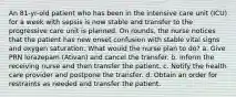 An 81-yr-old patient who has been in the intensive care unit (ICU) for a week with sepsis is now stable and transfer to the progressive care unit is planned. On rounds, the nurse notices that the patient has new onset confusion with stable vital signs and oxygen saturation. What would the nurse plan to do? a. Give PRN lorazepam (Ativan) and cancel the transfer. b. Inform the receiving nurse and then transfer the patient. c. Notify the health care provider and postpone the transfer. d. Obtain an order for restraints as needed and transfer the patient.