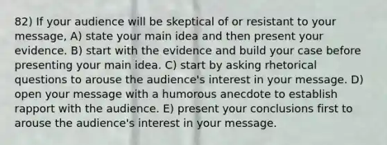 82) If your audience will be skeptical of or resistant to your message, A) state your main idea and then present your evidence. B) start with the evidence and build your case before presenting your main idea. C) start by asking rhetorical questions to arouse the audience's interest in your message. D) open your message with a humorous anecdote to establish rapport with the audience. E) present your conclusions first to arouse the audience's interest in your message.