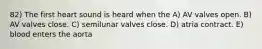 82) The first heart sound is heard when the A) AV valves open. B) AV valves close. C) semilunar valves close. D) atria contract. E) blood enters the aorta