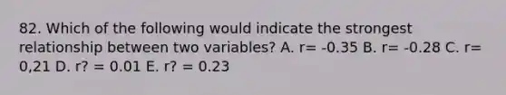 82. Which of the following would indicate the strongest relationship between two variables? A. r= -0.35 B. r= -0.28 C. r= 0,21 D. r? = 0.01 E. r? = 0.23