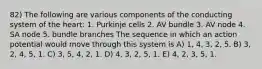 82) The following are various components of the conducting system of the heart: 1. Purkinje cells 2. AV bundle 3. AV node 4. SA node 5. bundle branches The sequence in which an action potential would move through this system is A) 1, 4, 3, 2, 5. B) 3, 2, 4, 5, 1. C) 3, 5, 4, 2, 1. D) 4, 3, 2, 5, 1. E) 4, 2, 3, 5, 1.