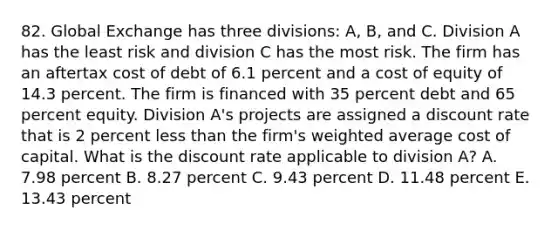 82. Global Exchange has three divisions: A, B, and C. Division A has the least risk and division C has the most risk. The firm has an aftertax cost of debt of 6.1 percent and a cost of equity of 14.3 percent. The firm is financed with 35 percent debt and 65 percent equity. Division A's projects are assigned a discount rate that is 2 percent less than the firm's weighted average cost of capital. What is the discount rate applicable to division A? A. 7.98 percent B. 8.27 percent C. 9.43 percent D. 11.48 percent E. 13.43 percent