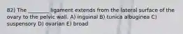 82) The ________ ligament extends from the lateral surface of the ovary to the pelvic wall. A) inguinal B) tunica albuginea C) suspensory D) ovarian E) broad