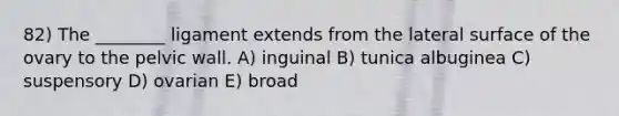 82) The ________ ligament extends from the lateral surface of the ovary to the pelvic wall. A) inguinal B) tunica albuginea C) suspensory D) ovarian E) broad