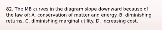 82. The MB curves in the diagram slope downward because of the law of: A. conservation of matter and energy. B. diminishing returns. C. diminishing marginal utility. D. increasing cost.