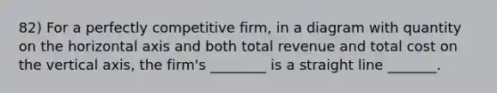 82) For a perfectly competitive firm, in a diagram with quantity on the horizontal axis and both total revenue and total cost on the vertical axis, the firm's ________ is a straight line _______.