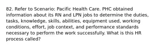 82. Refer to Scenario: Pacific Health Care. PHC obtained information about its RN and LPN jobs to determine the duties, tasks, knowledge, skills, abilities, equipment used, working conditions, effort, job context, and performance standards necessary to perform the work successfully. What is this HR process called?