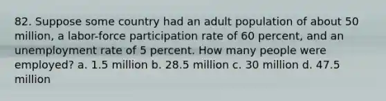 82. Suppose some country had an adult population of about 50 million, a labor-force participation rate of 60 percent, and an <a href='https://www.questionai.com/knowledge/kh7PJ5HsOk-unemployment-rate' class='anchor-knowledge'>unemployment rate</a> of 5 percent. How many people were employed? a. 1.5 million b. 28.5 million c. 30 million d. 47.5 million