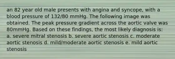 an 82 year old male presents with angina and syncope, with a blood pressure of 132/80 mmHg. The following image was obtained. The peak pressure gradient across the aortic valve was 80mmHg. Based on these findings, the most likely diagnosis is: a. severe mitral stenosis b. severe aortic stenosis c. moderate aortic stenosis d. mild/moderate aortic stenosis e. mild aortic stenosis