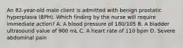 An 82-year-old male client is admitted with benign prostatic hyperplasia (BPH). Which finding by the nurse will require immediate action? A. A blood pressure of 180/105 B. A bladder ultrasound value of 900 mL C. A heart rate of 110 bpm D. Severe abdominal pain