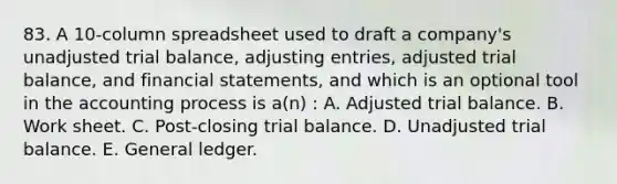 83. A 10-column spreadsheet used to draft a company's unadjusted trial balance, adjusting entries, adjusted trial balance, and financial statements, and which is an optional tool in the accounting process is a(n) : A. Adjusted trial balance. B. Work sheet. C. Post-closing trial balance. D. Unadjusted trial balance. E. General ledger.