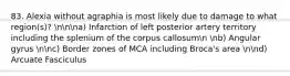 83. Alexia without agraphia is most likely due to damage to what region(s)? nnna) Infarction of left posterior artery territory including the splenium of the corpus callosumn nb) Angular gyrus nnc) Border zones of MCA including Broca's area nnd) Arcuate Fasciculus