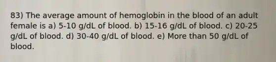 83) The average amount of hemoglobin in the blood of an adult female is a) 5-10 g/dL of blood. b) 15-16 g/dL of blood. c) 20-25 g/dL of blood. d) 30-40 g/dL of blood. e) More than 50 g/dL of blood.