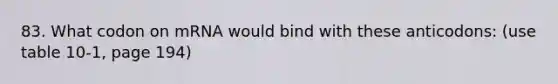 83. What codon on mRNA would bind with these anticodons: (use table 10-1, page 194)