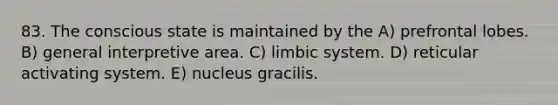 83. The conscious state is maintained by the A) prefrontal lobes. B) general interpretive area. C) limbic system. D) reticular activating system. E) nucleus gracilis.