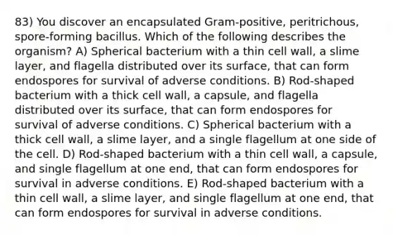 83) You discover an encapsulated Gram-positive, peritrichous, spore-forming bacillus. Which of the following describes the organism? A) Spherical bacterium with a thin cell wall, a slime layer, and flagella distributed over its surface, that can form endospores for survival of adverse conditions. B) Rod-shaped bacterium with a thick cell wall, a capsule, and flagella distributed over its surface, that can form endospores for survival of adverse conditions. C) Spherical bacterium with a thick cell wall, a slime layer, and a single flagellum at one side of the cell. D) Rod-shaped bacterium with a thin cell wall, a capsule, and single flagellum at one end, that can form endospores for survival in adverse conditions. E) Rod-shaped bacterium with a thin cell wall, a slime layer, and single flagellum at one end, that can form endospores for survival in adverse conditions.