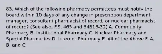 83. Which of the following pharmacy permittees must notify the board within 10 days of any change in prescription department manager, consultant pharmacist of record, or nuclear pharmacist of record? (See also, F.S. 465 and 64B16-32) A. Community Pharmacy B. Institutional Pharmacy C. Nuclear Pharmacy and Special Pharmacies D. Internet Pharmacy E. All of the Above F. A, B, and C