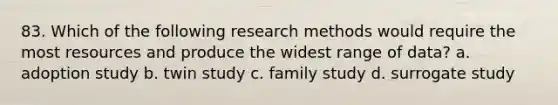 83. Which of the following research methods would require the most resources and produce the widest range of data? a. adoption study b. twin study c. family study d. surrogate study