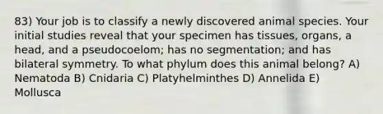 83) Your job is to classify a newly discovered animal species. Your initial studies reveal that your specimen has tissues, organs, a head, and a pseudocoelom; has no segmentation; and has bilateral symmetry. To what phylum does this animal belong? A) Nematoda B) Cnidaria C) Platyhelminthes D) Annelida E) Mollusca