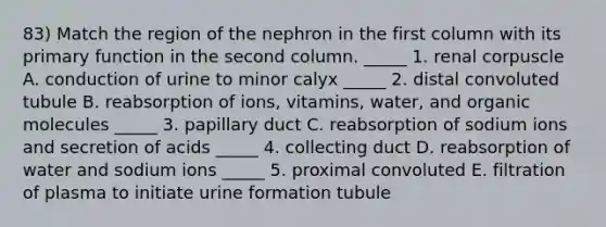 83) Match the region of the nephron in the first column with its primary function in the second column. _____ 1. renal corpuscle A. conduction of urine to minor calyx _____ 2. distal convoluted tubule B. reabsorption of ions, vitamins, water, and organic molecules _____ 3. papillary duct C. reabsorption of sodium ions and secretion of acids _____ 4. collecting duct D. reabsorption of water and sodium ions _____ 5. proximal convoluted E. filtration of plasma to initiate urine formation tubule