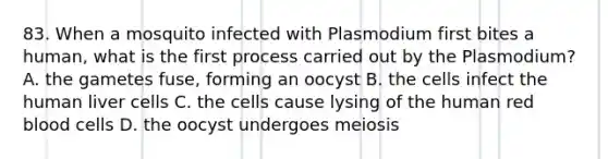 83. When a mosquito infected with Plasmodium first bites a human, what is the first process carried out by the Plasmodium? A. the gametes fuse, forming an oocyst B. the cells infect the human liver cells C. the cells cause lysing of the human red blood cells D. the oocyst undergoes meiosis