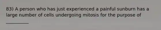 83) A person who has just experienced a painful sunburn has a large number of cells undergoing mitosis for the purpose of __________