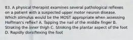 83. A physical therapist examines several pathological reflexes on a patient with a suspected upper motor neuron disease. Which stimulus would be the MOST appropriate when assessing Hoffman's reflex? A. Tapping the nail of the middle finger B. Stroking the inner thigh C. Stroking the plantar aspect of the foot D. Rapidly dorsiflexing the foot