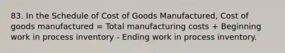 83. In the Schedule of Cost of Goods Manufactured, Cost of goods manufactured = Total manufacturing costs + Beginning work in process inventory - Ending work in process inventory.