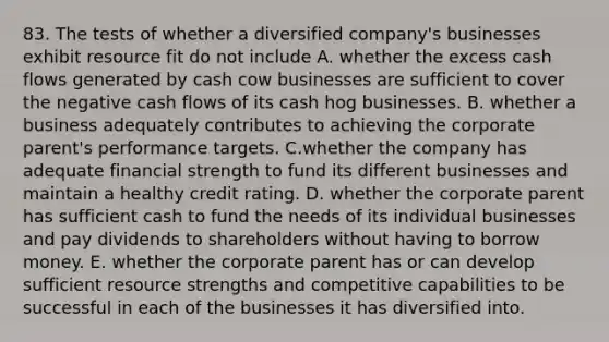 83. The tests of whether a diversified company's businesses exhibit resource fit do not include A. whether the excess cash flows generated by cash cow businesses are sufficient to cover the negative cash flows of its cash hog businesses. B. whether a business adequately contributes to achieving the corporate parent's performance targets. C.whether the company has adequate financial strength to fund its different businesses and maintain a healthy credit rating. D. whether the corporate parent has sufficient cash to fund the needs of its individual businesses and pay dividends to shareholders without having to borrow money. E. whether the corporate parent has or can develop sufficient resource strengths and competitive capabilities to be successful in each of the businesses it has diversified into.