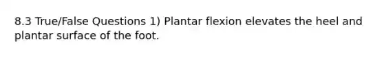 8.3 True/False Questions 1) Plantar flexion elevates the heel and plantar surface of the foot.