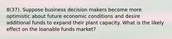 8(37). Suppose business decision makers become more optimistic about future economic conditions and desire additional funds to expand their plant capacity. What is the likely effect on the loanable funds market?