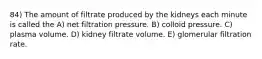 84) The amount of filtrate produced by the kidneys each minute is called the A) net filtration pressure. B) colloid pressure. C) plasma volume. D) kidney filtrate volume. E) glomerular filtration rate.