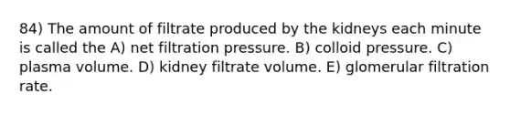 84) The amount of filtrate produced by the kidneys each minute is called the A) net filtration pressure. B) colloid pressure. C) plasma volume. D) kidney filtrate volume. E) glomerular filtration rate.