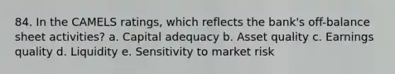 84. In the CAMELS ratings, which reflects the bank's off-balance sheet activities? a. Capital adequacy b. Asset quality c. Earnings quality d. Liquidity e. Sensitivity to market risk