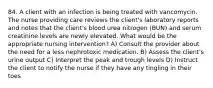 84. A client with an infection is being treated with vancomycin. The nurse providing care reviews the client's laboratory reports and notes that the client's blood urea nitrogen (BUN) and serum creatinine levels are newly elevated. What would be the appropriate nursing intervention? A) Consult the provider about the need for a less nephrotoxic medication. B) Assess the client's urine output C) Interpret the peak and trough levels D) Instruct the client to notify the nurse if they have any tingling in their toes