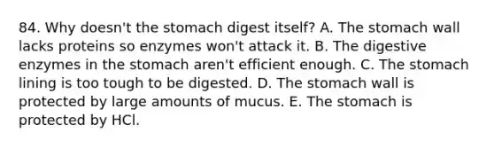 84. Why doesn't the stomach digest itself? A. The stomach wall lacks proteins so enzymes won't attack it. B. The digestive enzymes in the stomach aren't efficient enough. C. The stomach lining is too tough to be digested. D. The stomach wall is protected by large amounts of mucus. E. The stomach is protected by HCl.