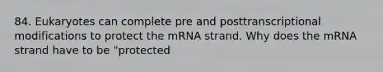 84. Eukaryotes can complete pre and posttranscriptional modifications to protect the mRNA strand. Why does the mRNA strand have to be "protected