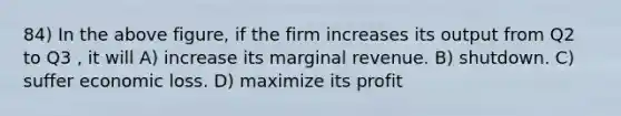 84) In the above figure, if the firm increases its output from Q2 to Q3 , it will A) increase its marginal revenue. B) shutdown. C) suffer economic loss. D) maximize its profit