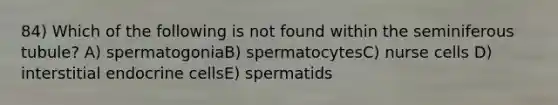 84) Which of the following is not found within the seminiferous tubule? A) spermatogoniaB) spermatocytesC) nurse cells D) interstitial endocrine cellsE) spermatids