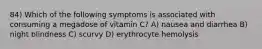 84) Which of the following symptoms is associated with consuming a megadose of vitamin C? A) nausea and diarrhea B) night blindness C) scurvy D) erythrocyte hemolysis