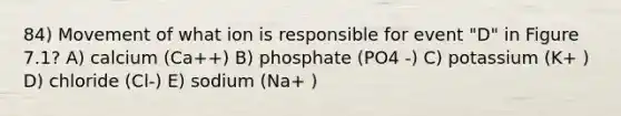 84) Movement of what ion is responsible for event "D" in Figure 7.1? A) calcium (Ca++) B) phosphate (PO4 -) C) potassium (K+ ) D) chloride (Cl-) E) sodium (Na+ )