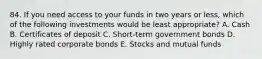 84. If you need access to your funds in two years or less, which of the following investments would be least appropriate? A. Cash B. Certificates of deposit C. Short-term government bonds D. Highly rated corporate bonds E. Stocks and mutual funds